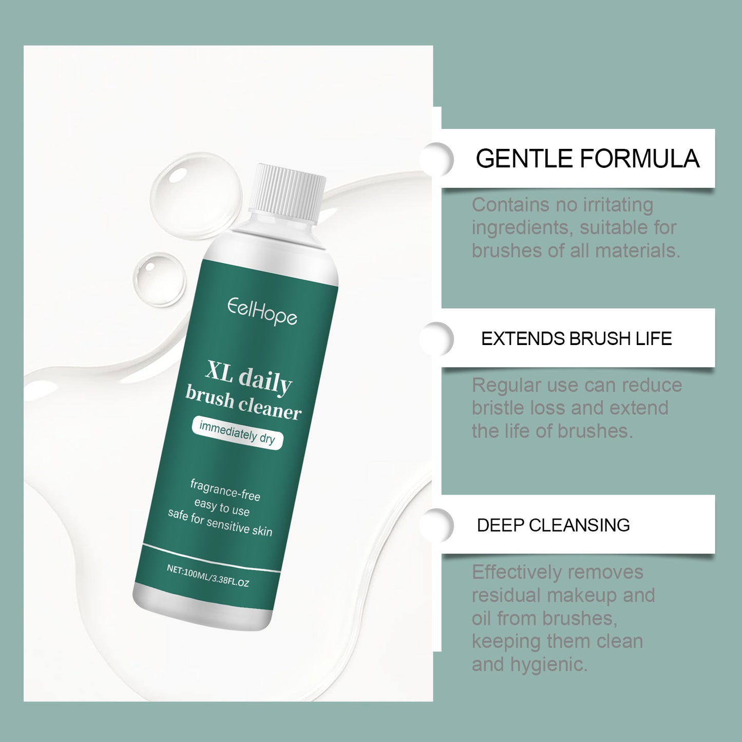 Eelhope Makeup Brush Cleaner – Removes cosmetic residues, for daily care, with mild ingredients, portable and easy to use.